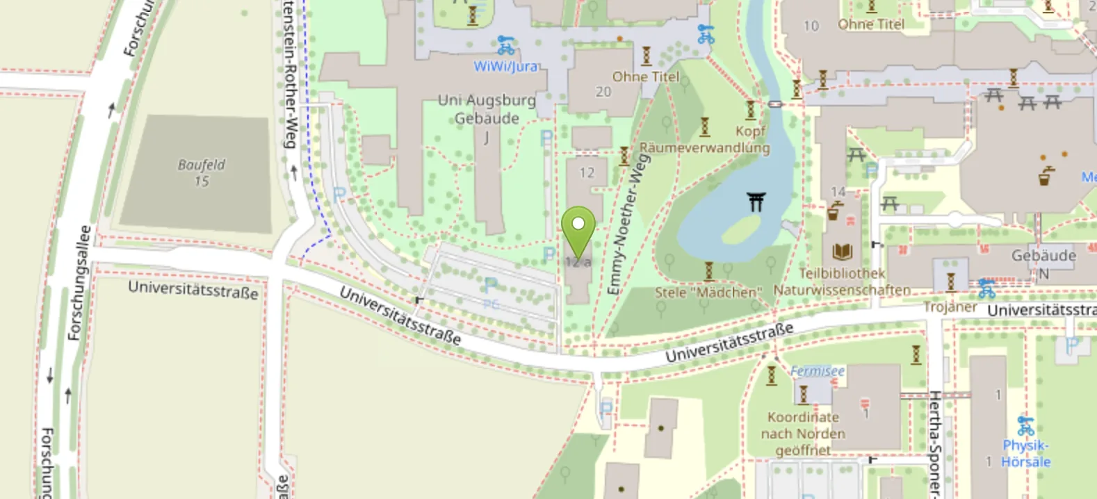 Map of the University of Augsburg campus with our building (I2) marked